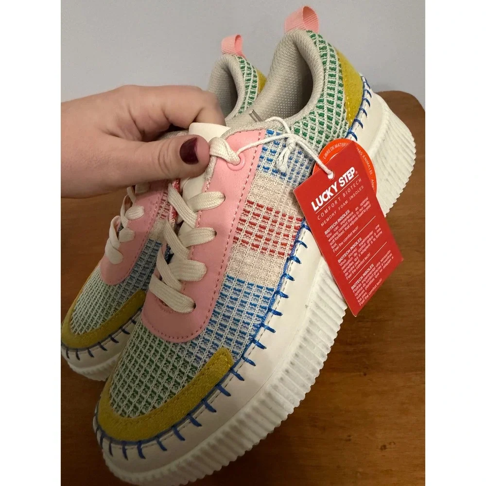Lucky Step Women Multi Color Patchwork Platform Sneakers‎ Memory Foam Size 7